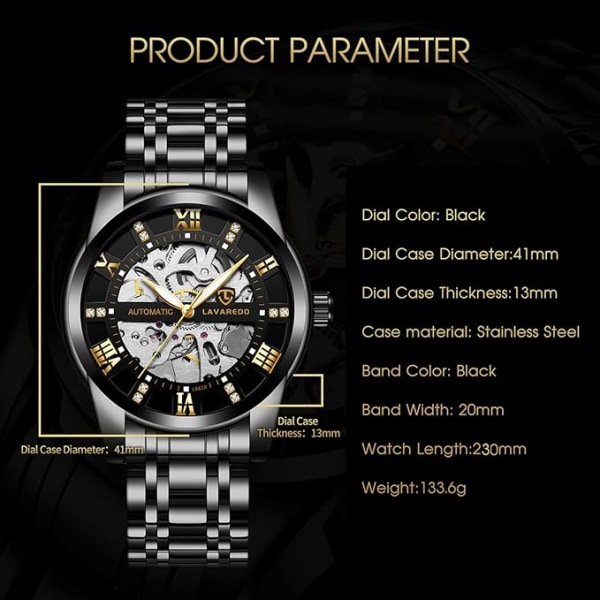 Watch Lyx Mekanisk Rostfritt Stål Vattentät Automatisk Självuppdragande Romerska Siffror Diamanturtavla Armbandsur-svart