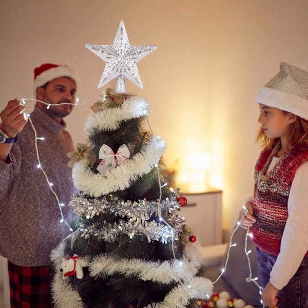 Juletræstopstjerne med Lys, 3D Hul Glitrende Stjerne Juletræstopstjerne med Roterende Magisk Kold Hvid Snefnugsprojektor