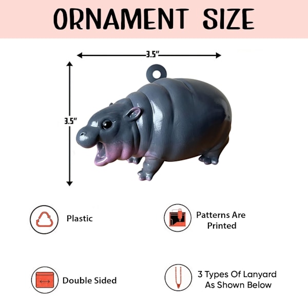 Søt flodhest Moo Deng 3D Flat Ornament, Flodhest Bakkespeil Biltilbehør, Flodhest Julepynt, Moo Deng Ornament