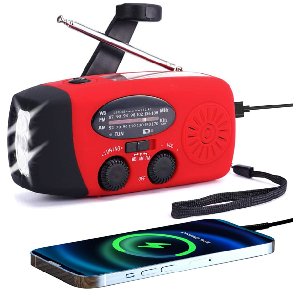 Nödhandvevradio väderradio med 3 LED superljusstark ficklampa, powerbank, SOS-larm