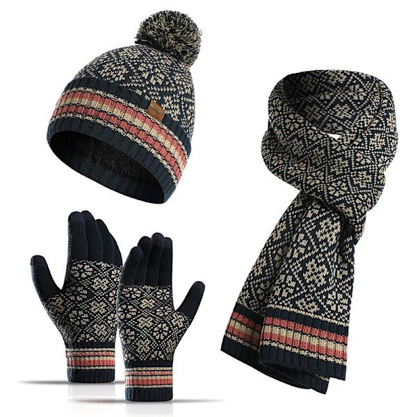 3st Print Dammössa Handskar Scarf Set Vintermössa Varm Stickad Pom Cap Marinblå