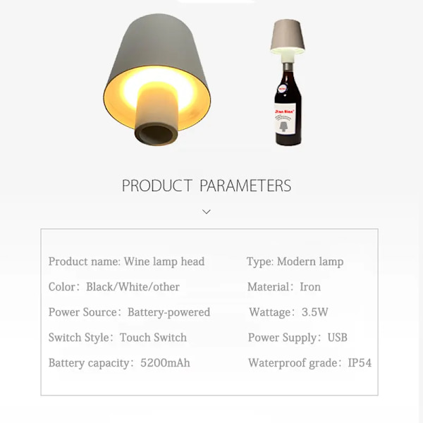 LED-flasklampa 5200mAh Batteri Bärbar Bordslampa Sladdlös Vattentät Flaska Ljus Vit