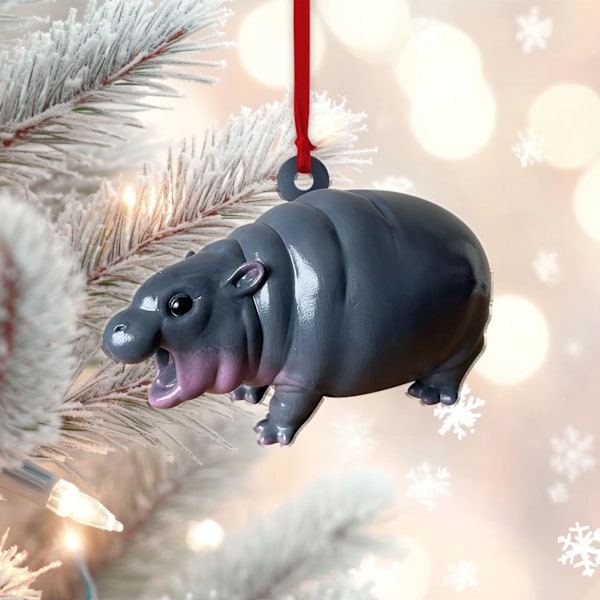 Søt flodhest Moo Deng 3D Flat Ornament, Flodhest Bakkespeil Biltilbehør, Flodhest Julepynt, Moo Deng Ornament