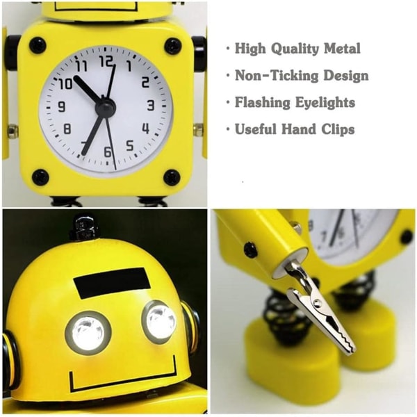 Kreativa barn Cartoon Robot Väckarklockor Student Personlig Mute Metal Making Bord Väckarklockor Gul