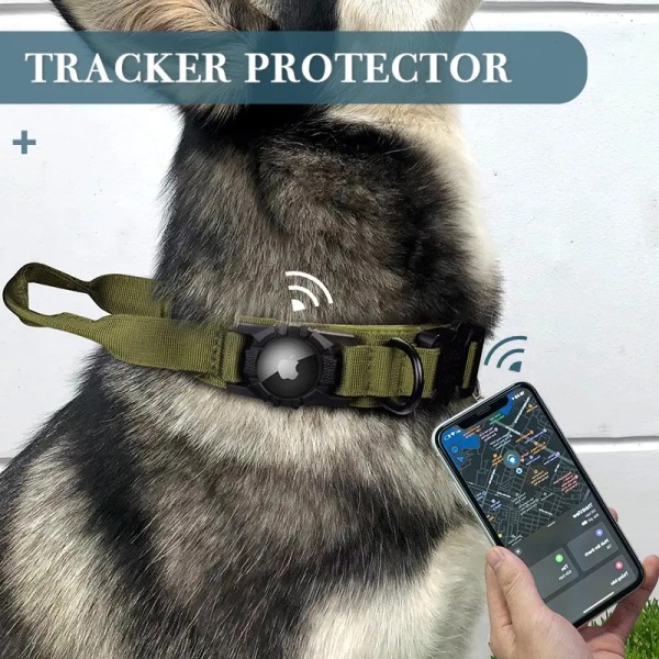 Tactical Dog AirTag Halsbånd Deluxe Nylon Personlig Protector Metal Barrel Heavy Duty til AirTag Hundehalsbånd (Sort)