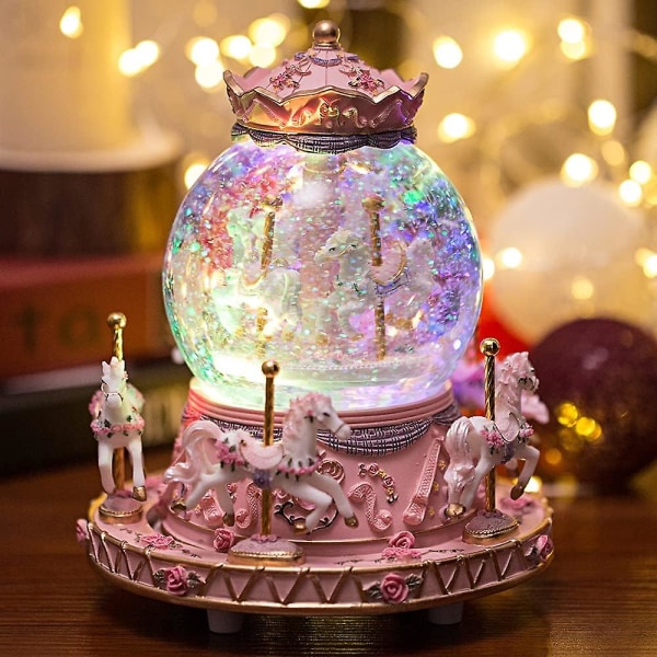Gaveinnpakket musikkboks Karusellhester Fargeskiftende lys Unicorn Snow Globe for kvinner venner
