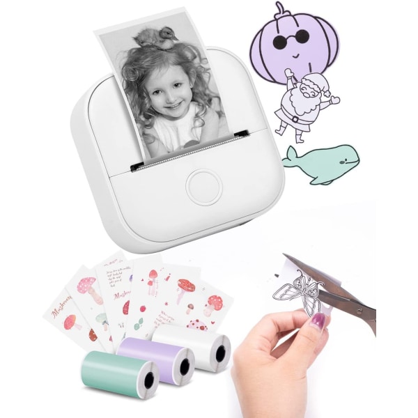 Pieni kannettava tarratulostin, jossa 3 paperirullaa, Bluetooth valokuvatulostin lapsille VALKOINEN