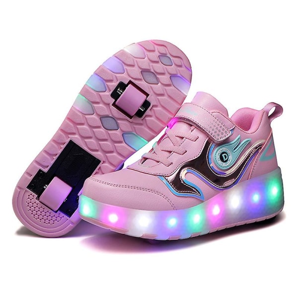 Gutter LED Light Up Rulleskøyter Color Block Kick-Roller Sko Justerbar enkelthjul Pink Charging EU 34=Tag size 36