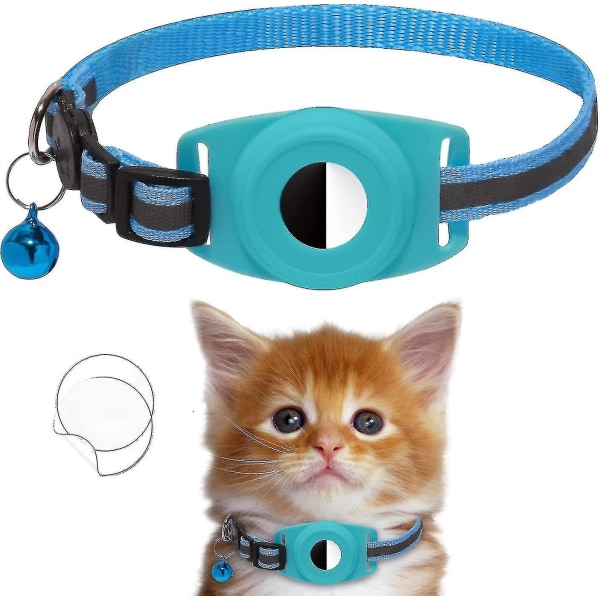 Reflekterande katthalsband kompatibelt med luftmärke, GPS-katthalsband med klocka, säkerhetsspänne och vattentät luftmärkeshållare Blue