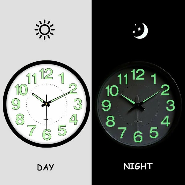 12 tommers Glow in The Dark Veggklokker Batteridrevet Nattlys Store veggklokker Silent Clock silver