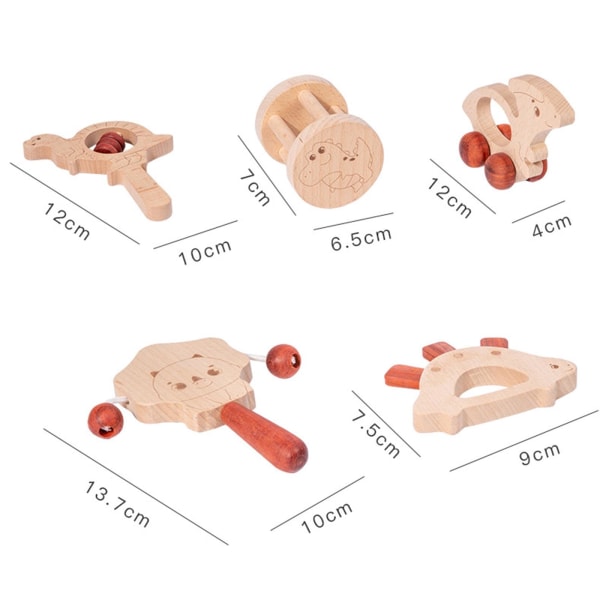 5 delar Trä baby Skallra Nyfödd leksak Sensorisk utveckling Träleksaksskallar Montessorileksaker
