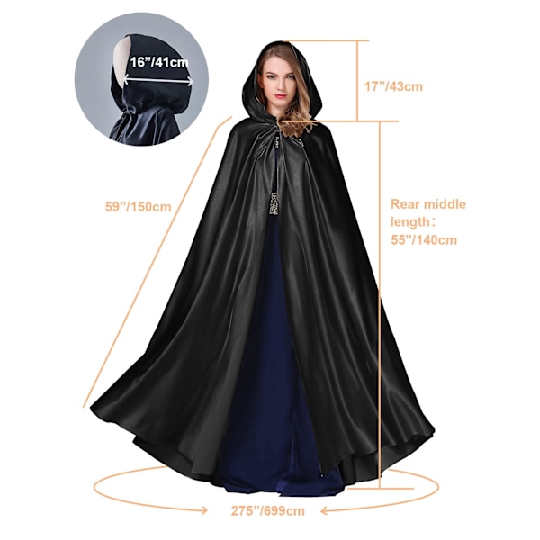 Witchcraft Black Tie Up Middelalderdragt Halloween-hættekappe Lang Cape U