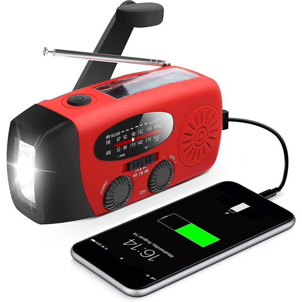 Nödhandvevradio med led ficklampa för nödsituationer Amfm Noaa bärbar väderradio med 2000 mah Power Bank Telefonladdare USB Laddad & Sola Red