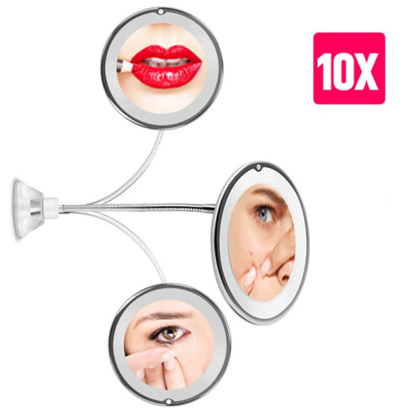 Fleksibelt forstørrelsesspeil med LED-lys 10X forstørrelse Kraftig sugekopp Opplyst sminkespeil Makeup-sminkespeil