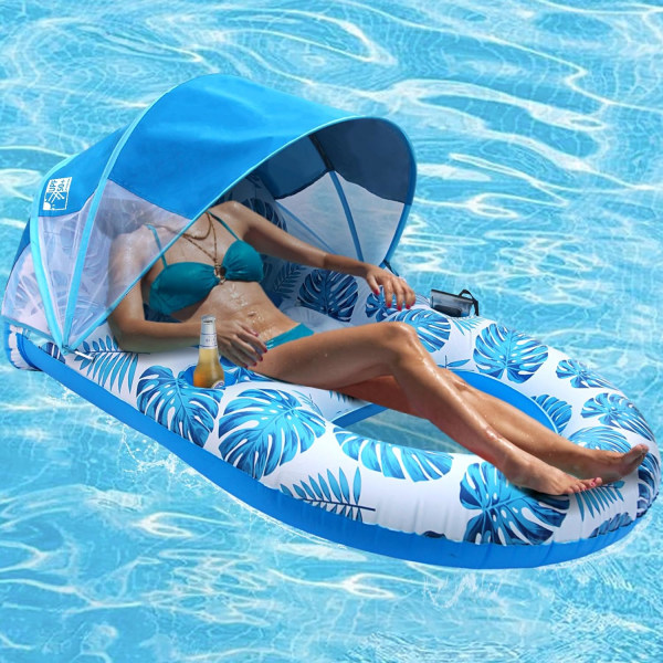 Pool Lounge Float med kapell UPF50+, Uppblåsbar Solstol Float med mugghållare Ryggstöd