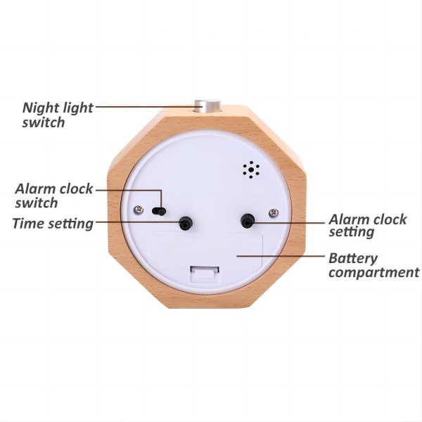 Analog väckarklocka av trä, liten LED-lampa som inte tickar tyst med väckningsljus Nattsnooze-funktion Batteridriven