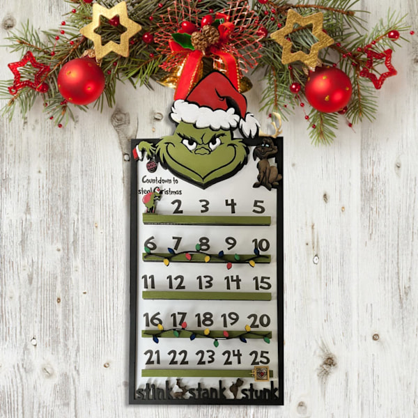 Julekalender Nedtelling Grinch for å stjele julen Adventkalender Nummer Dato, Skrivebordsdekorasjoner i tre