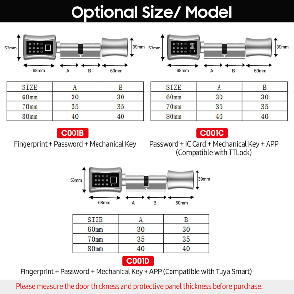 Smart dörrlåscylinder Elektronisk knappsats Dörrlås 3 Upplåsningssätt Fingeravtryck/ Lösenord/ Mekanisk nyckel Uppgraderad Anti-stöld Intelligent låscylinder F C001C-70