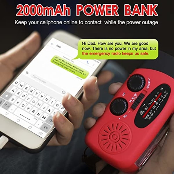 Nødhåndsvingsradio med led lommelygte til nødsituationer Amfm Noaa bærbar vejrradio med 2000 mah Power Bank Telefonoplader Usb Charged & Sola Red