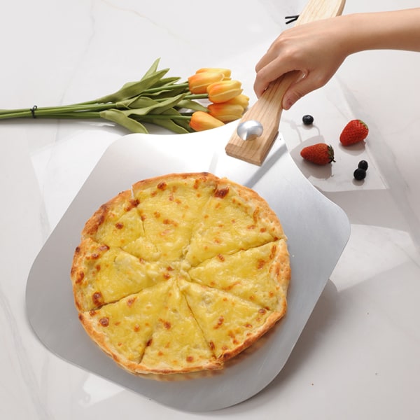 12x14 tommer aluminium metall pizzaskall med sammenleggbart trehåndtak for baking av hjemmelaget pizzabrød