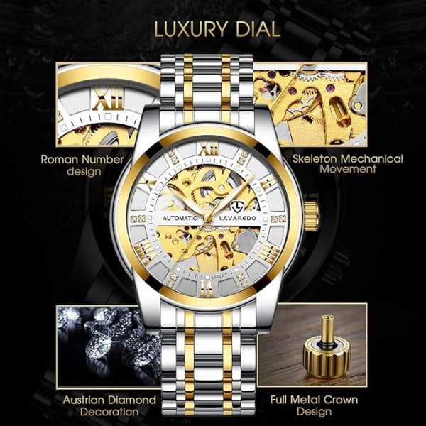 Watch Lyx Mekanisk Rostfritt Stål Vattentät Automatisk Självuppdragande Romerska Siffror Diamanturtavla Armbandsur-vit