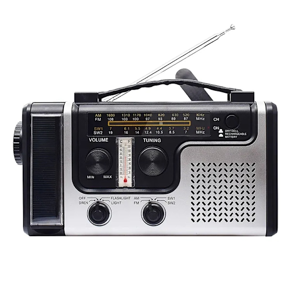 Emergency Solar Håndsving Dynamo AM/FM vejrradio, lommelygte, læse LED lys, termometer, mobiltelefon oplader m/USB adapter