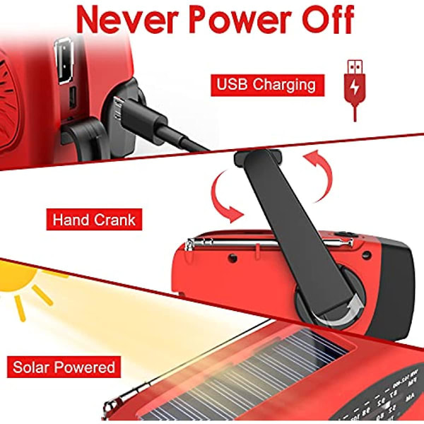 Nödhandvevradio med led ficklampa för nödsituationer Amfm Noaa bärbar väderradio med 2000 mah Power Bank Telefonladdare USB Laddad & Sola Red
