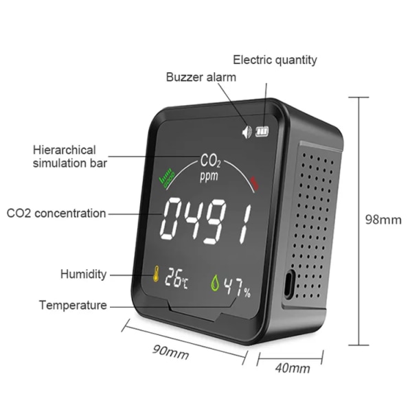 Kolmonoxiddetektor Gasdetektor med temperatur- och luftfuktighetssensor, piplarm och samvisualisering Virtual Strip