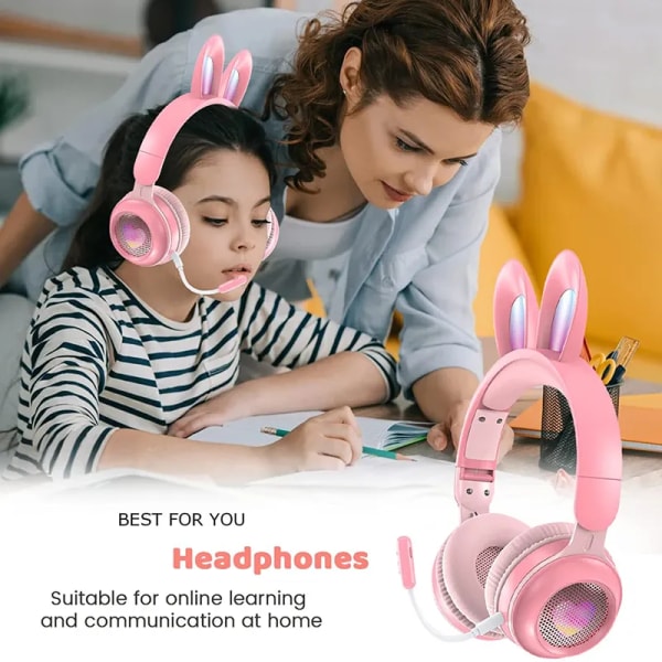 Kids Bunny Rabbit Ears Hörlurar med mikrofon för Gaming Pink pink