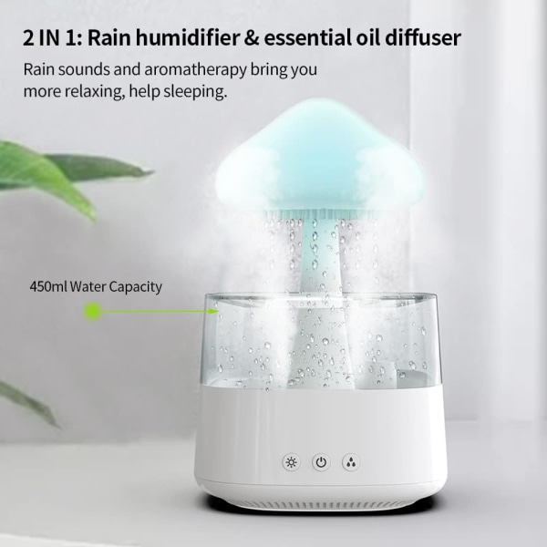 Rain Cloud Luftfuktare Vattendropp med justerbara LED-lampor White Noise Fuktning Skrivbordsfontän