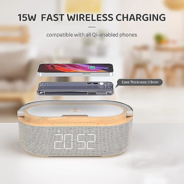 Digital väckarklocka radio med bluetooth högtalare, 15w trådlös laddare, dubbel justerbar hög väckarklocka
