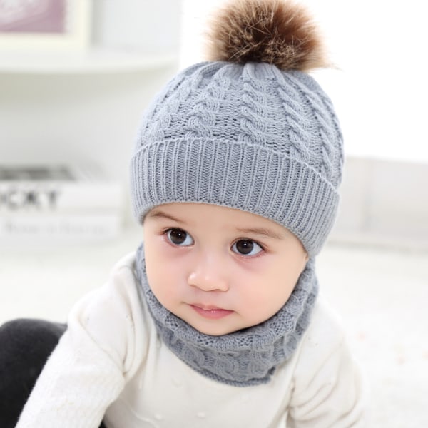 Barn varm stickad mössa vinter halsduk set akryl fiber päls boll baby mössa  grå af24 | Fyndiq