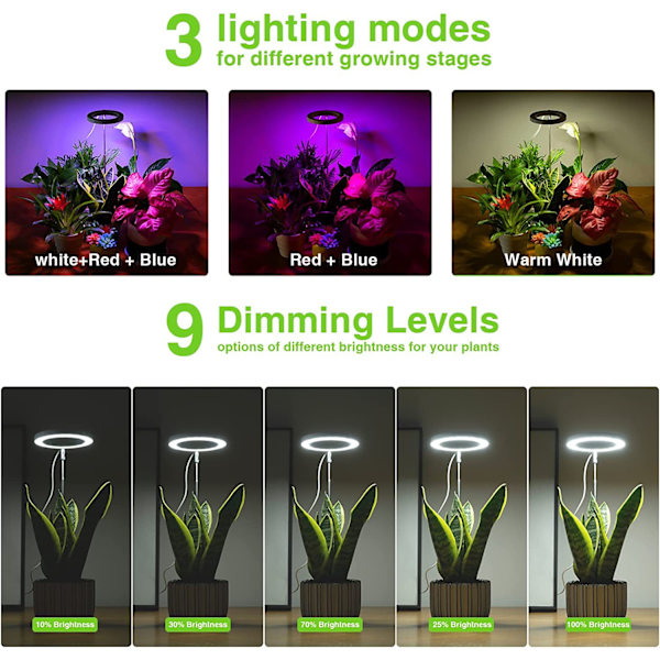2 st växtlampor för inomhusväxter, fullspektrum LED växtlampa, 10 dimbar ljusstyrka AutoTimer, säker 5V USB-ingång Halo-ljus för små växter