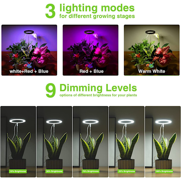 2 stk. Vekstlys for innendørs planter, Full Spectrum LED Vekstlys, 10 dimbar lysstyrke AutoTimer, Sikker 5V USB-inngang Halo-lys for små planter