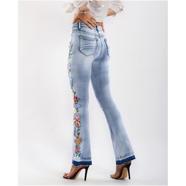 Kvinders smarte blomsterbroderede højtaljede flare bukser flare jeans brede ben lange denimbukser