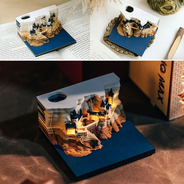 3D Memo Pad Castle med lys, multifunksjonell 4D Post Notepad Papir Craft Castle Office Home Decor