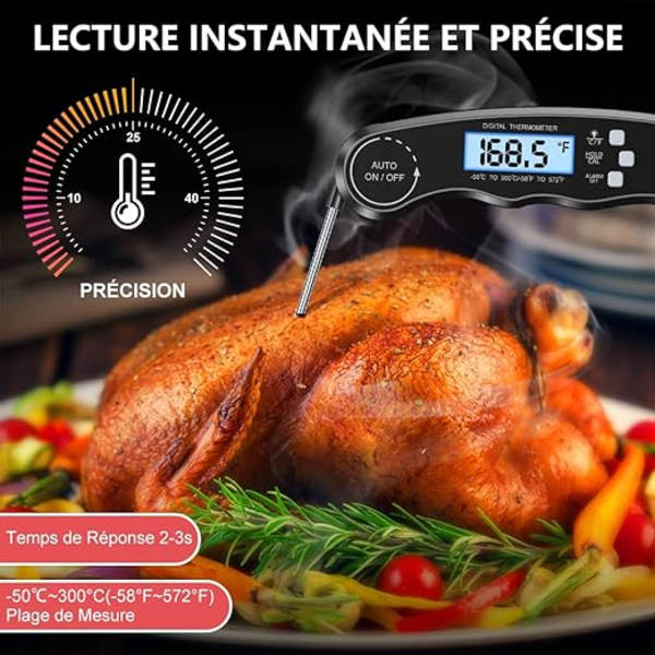 Kökstermometer, omedelbar avläsning matlagnings termometer med 102 cm hopfällbar sond, bakgrundsbelysning och magnet, digital termometer för matlagning, kött, grill, ånga