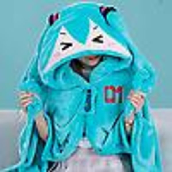 Hatsune Miku bärbar huva täcke för vuxna Mjuk varm flanell fleecemantel Anime 2i1 kuddsjal