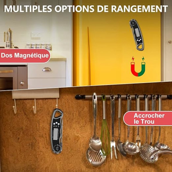 Kökstermometer, omedelbar avläsning matlagnings termometer med 102 cm hopfällbar sond, bakgrundsbelysning och magnet, digital termometer för matlagning, kött, grill, ånga