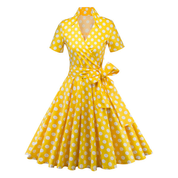 Vintage V-kaula-aukko Bohemian Bubble Skirt Dot Big Peplum -mekko Yellow XXL