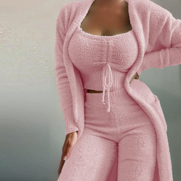 Dam Fuzzy 3-delad set fleece varm öppen kofta ärmlös Crop Top Shorts Pyjamas Loungewear