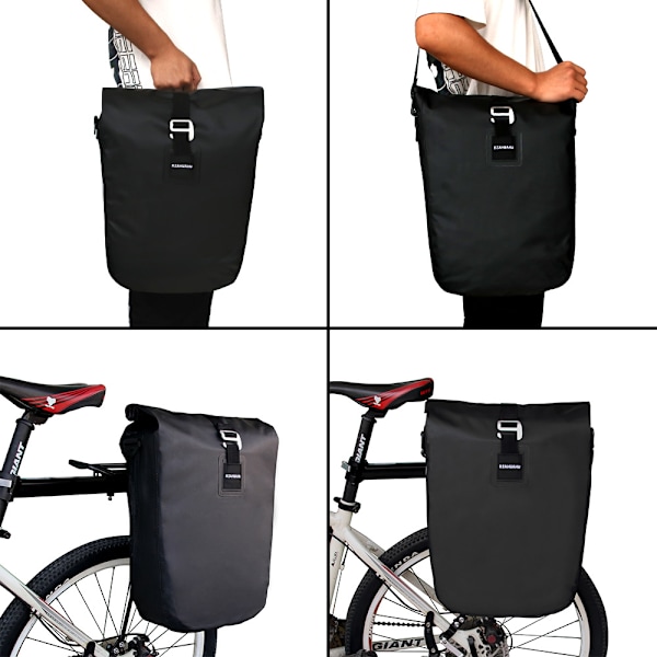 Stor og vandtæt bagagebærer-taske, 20 L kapacitet, cykeltaske til bagagebærer med reflekser i sort