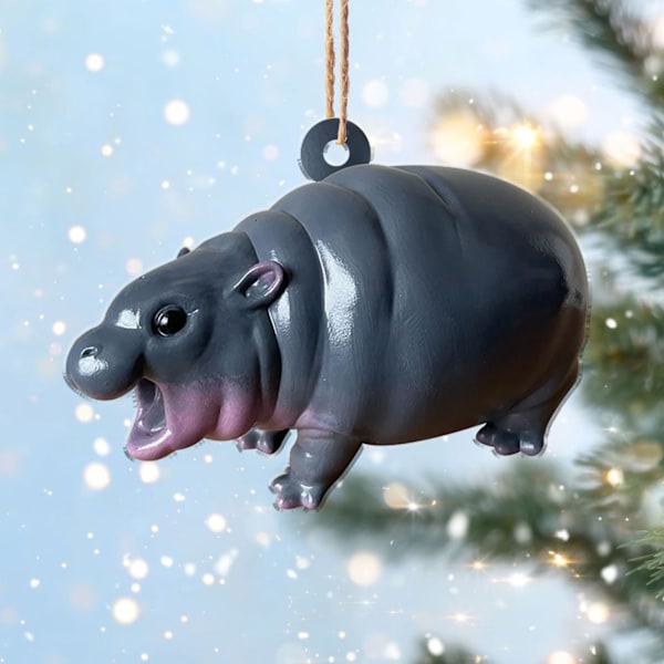 Søt flodhest Moo Deng 3D Flat Ornament, Flodhest Bakkespeil Biltilbehør, Flodhest Julepynt, Moo Deng Ornament