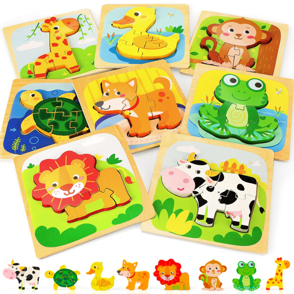 Puiset palapelit yli 3-vuotiaille taaperoille, eläimen muotoisia värillisiä Montessori-opetusleluja (8 pakkaus)