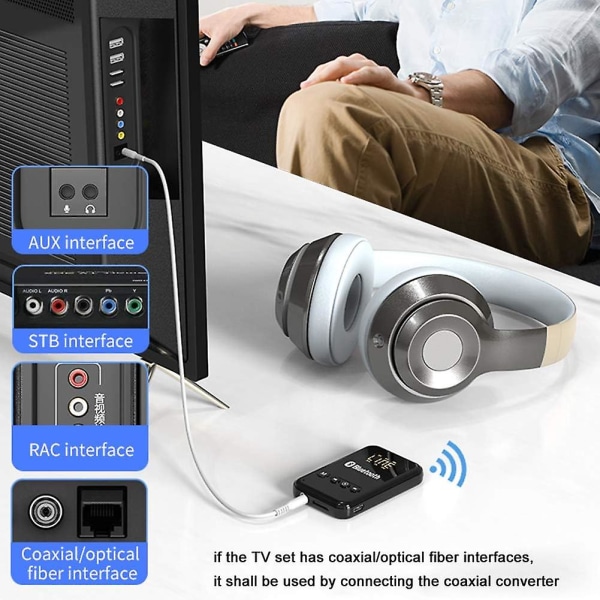 Bluetooth-adapter for TV, LED-sender Bluetooth 5.0 Jack 3-i-1 Bluetooth-mottaker for Win 10, 8, 7 og FM-tilkobling uten forsinkelse for hodetelefoner