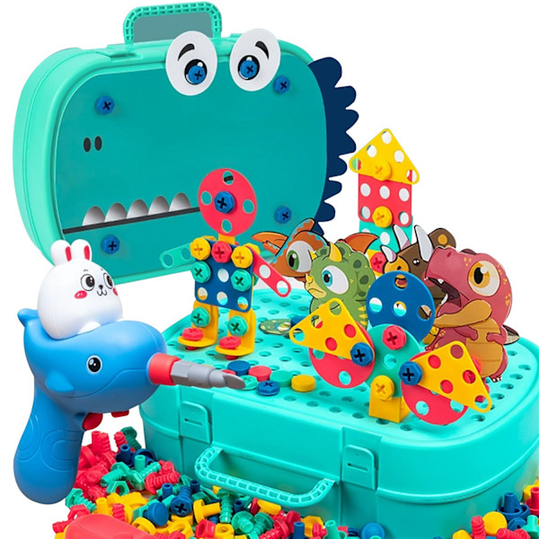 Design og Bor Legetøj (224 stk), Dinosaur Legetøj Magic Montessori Spillekasse til Børn, 2D/3D Kreativitetsværktøjskasse med Bor, Design og Bor STEM Legetøj