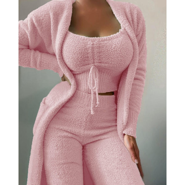 Dam Fuzzy 3-delad set fleece varm öppen kofta ärmlös Crop Top Shorts Pyjamas Loungewear