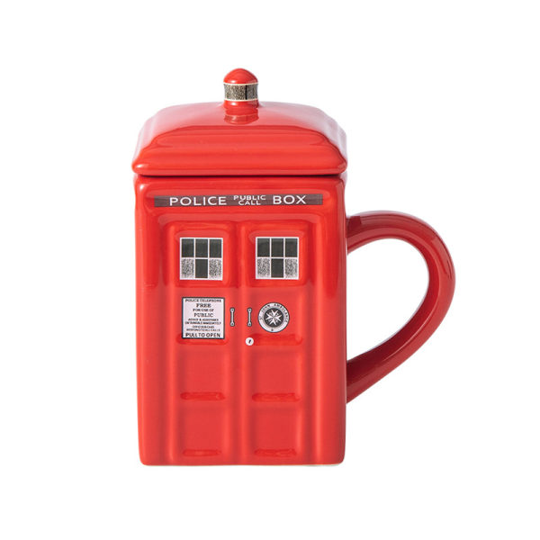 Police Box keramisk mugg kopp med lock cover för te kaffe mugg Rolig kreativ present barn män Röd