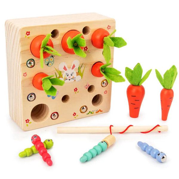 Baby 2 i 1 magnetisk dra morötter Fånga insekter Träleksak Montessori färgform sorteringsspel