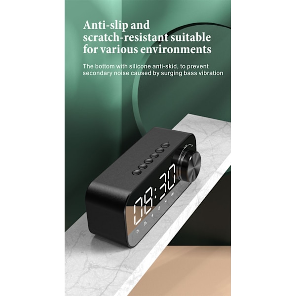 Trådlösa Bluetooth högtalare med spegel LED-skärm, multifunktionell klockhögtalare med nattljus, dubbla larm, USB laddare, för sovrum, hem och resor